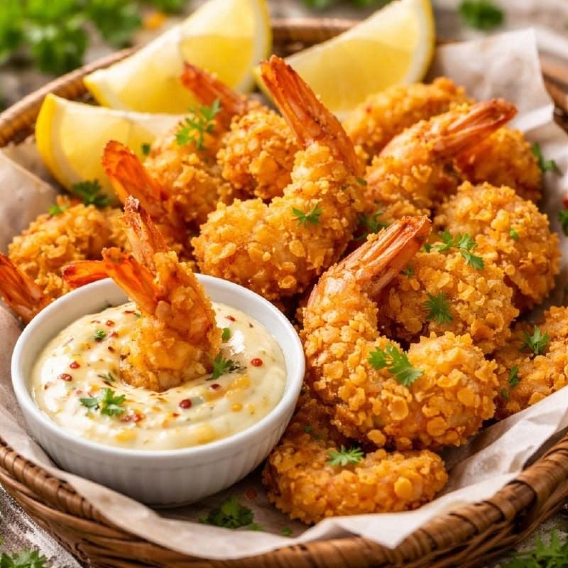 Battered Prawns with Fries & BBQ Sauce