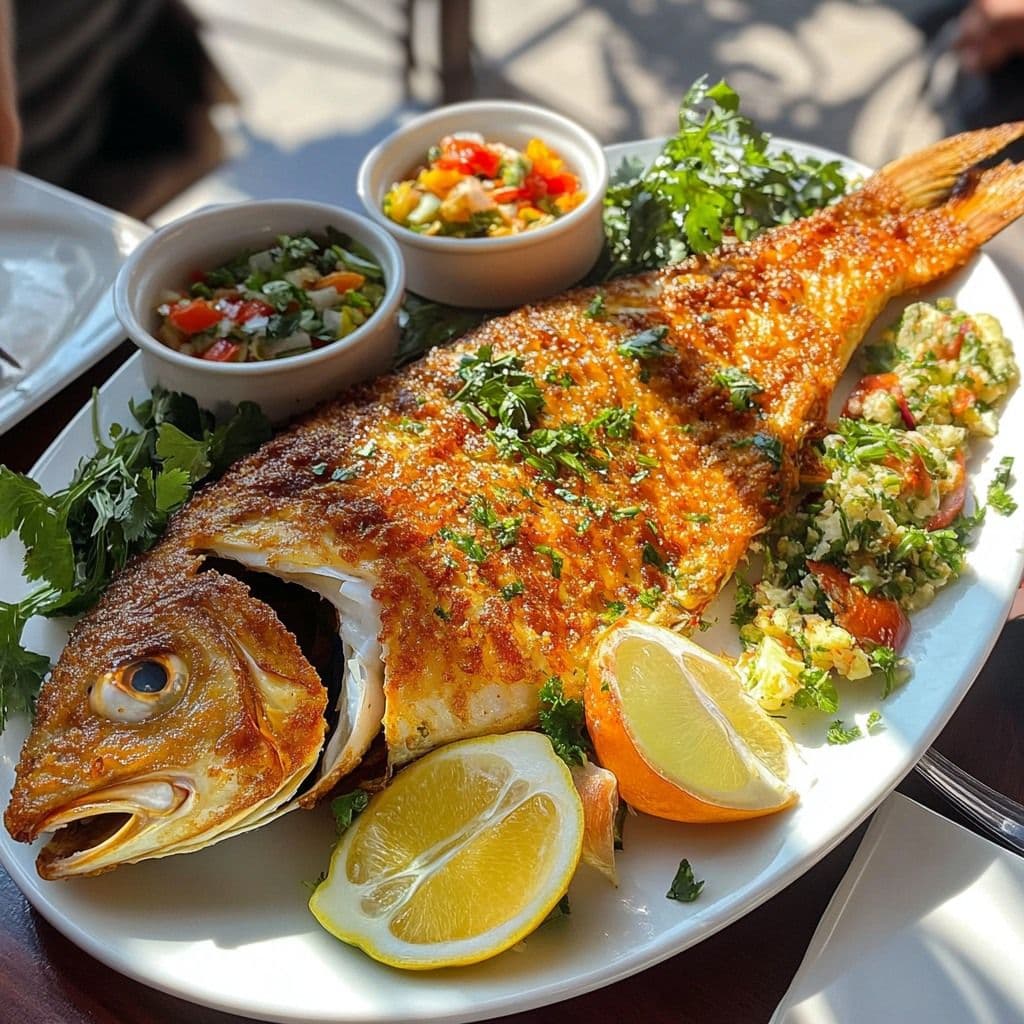 Fried Full Fish with Chips & Salad