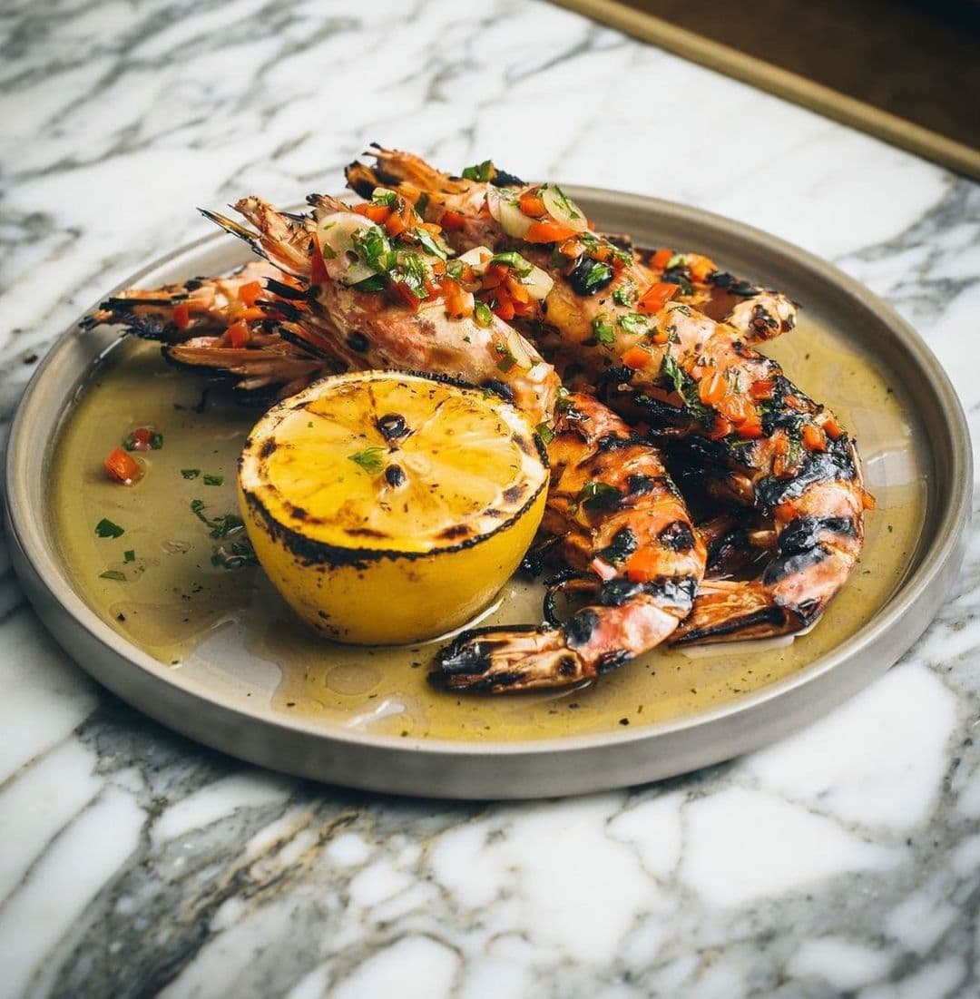 Grilled Jambo Prawn with Yellow Chips & Salad