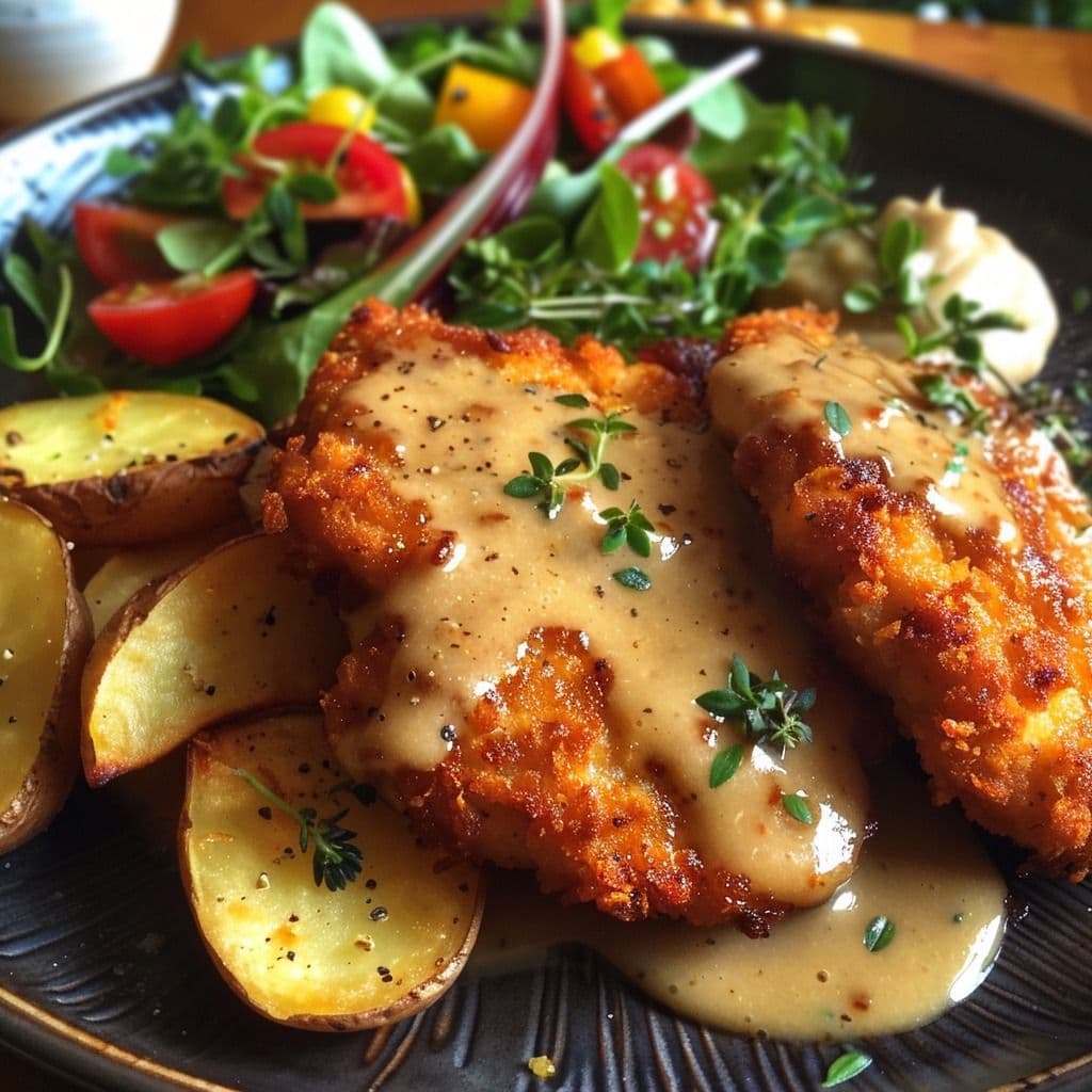 Schnitzel Chicken with Chips, BBQ Sauce & Salad